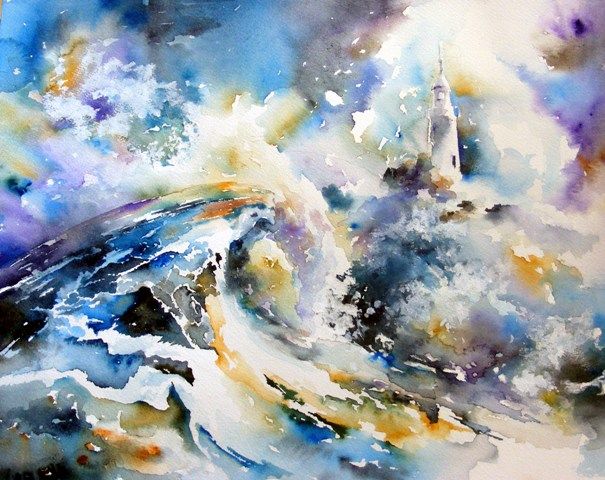 605x480 Ocean Wave - Bright Watercolor Painting