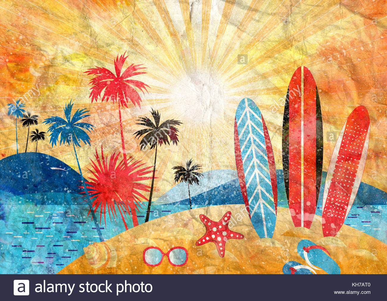 1300x1010 Watercolor Bright Summer Color Landscape With Palm Trees And Beach - Bright Watercolor Painting