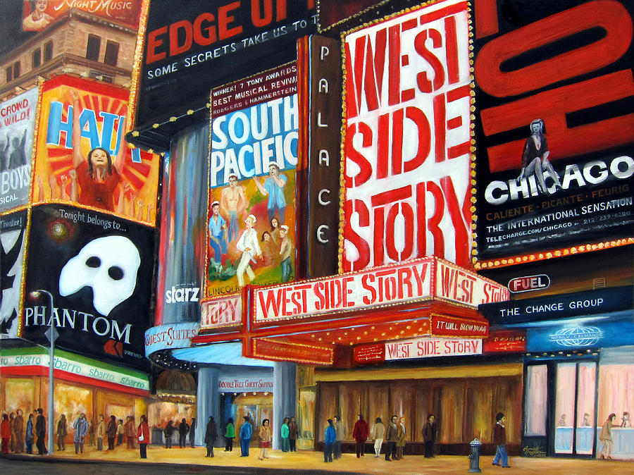 900x674 Lights On Broadway Painting By Leonardo Ruggieri - Broadway Painting