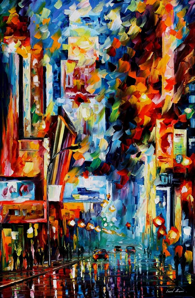 679x1036 Night Broadway Palette Knife Oil Painting On Canvas By Leonid - Broadway Painting