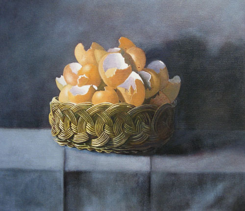 500x430 Michael Edwards Still Life With Basket And Broken Eggs May Space - Broken Eggs Painting