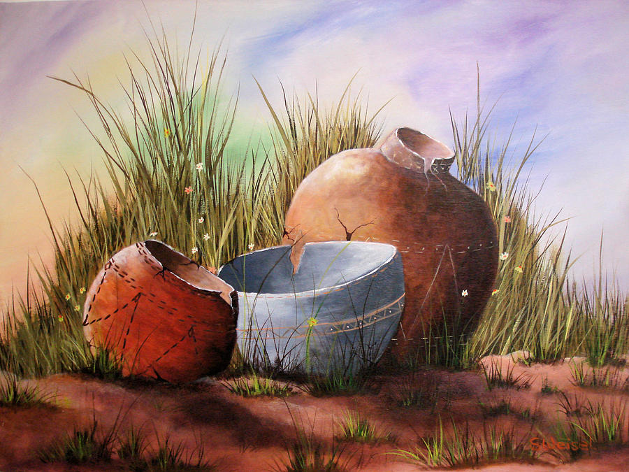 900x675 Flower Pots Painting By Sherry Winkler - Broken Flower Pot Painting