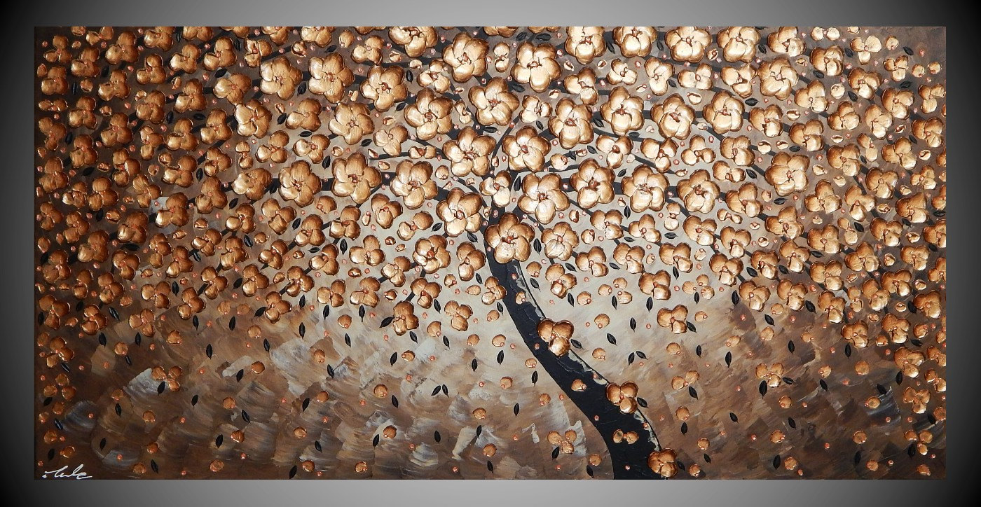 1400x724 Painting Art Tree Acrylic Painting On Large Canvas Wall Art - Bronze Painting