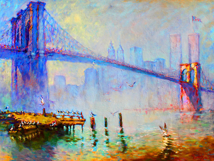 900x677 Brooklyn Bridge In A Foggy Morning Painting By Ylli Haruni - Brooklyn Bridge Painting