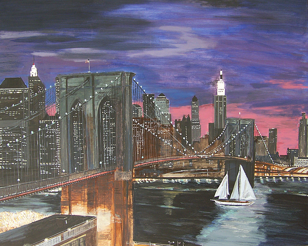600x479 Nyc Brooklyn Bridge Sunset Painting By David Lambertino - Brooklyn Bridge Painting