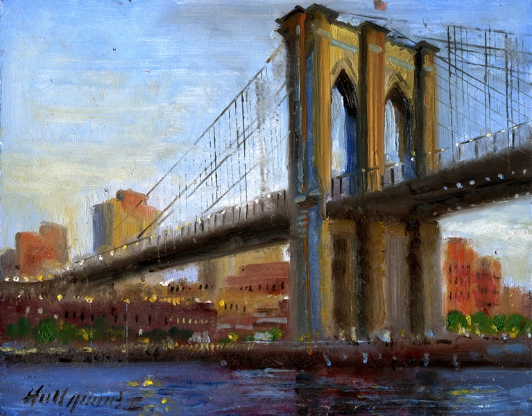 767x600 Brooklyn Bridge, New York City East River 8 X10 Oil On Panel Hall - Brooklyn Bridge Painting