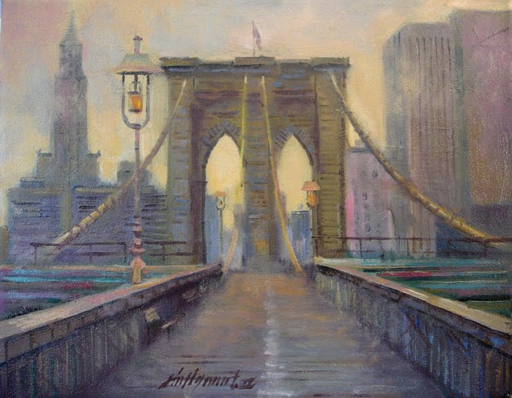 741x576 Brooklyn Bridge, New York City 11 X14 Oil On Canvas By Artist Hall - Brooklyn Bridge Painting Canvas
