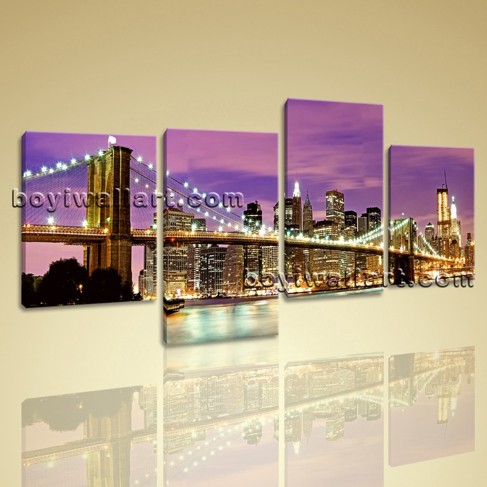 1000x1000 Large Canvas Prints Cityscape New York Night Brooklyn Bridge - Brooklyn Bridge Painting Canvas