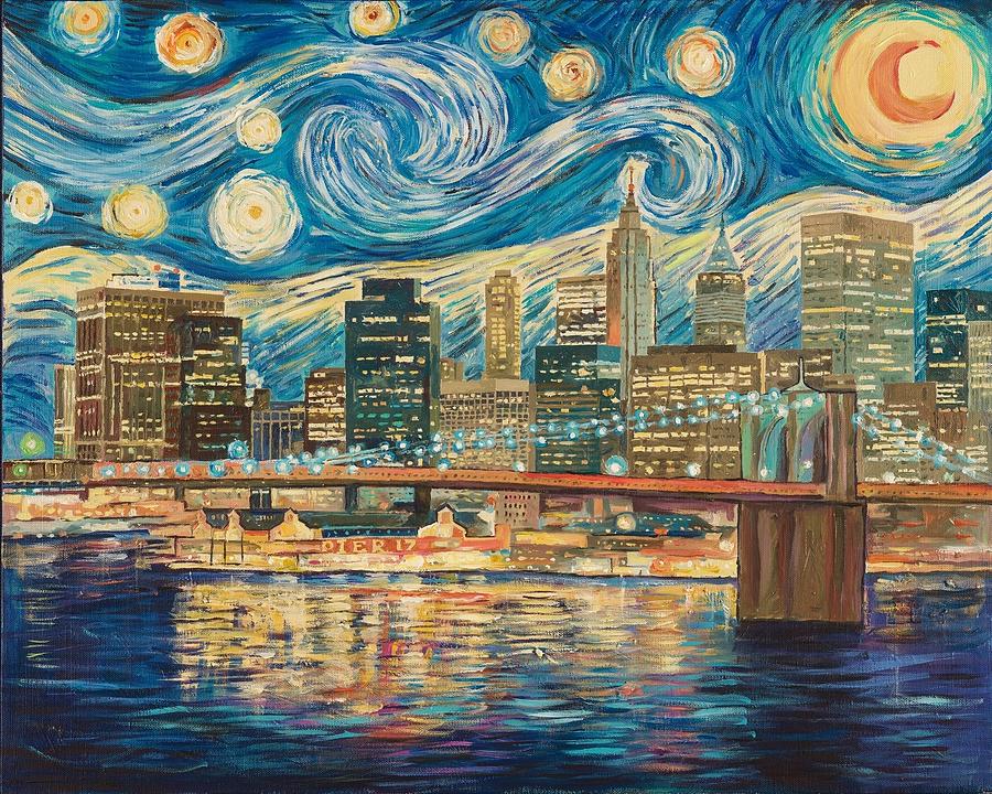 900x720 Ny. Brooklyn Bridge.starry Night Painting By Zachary Sasim - Brooklyn Painting