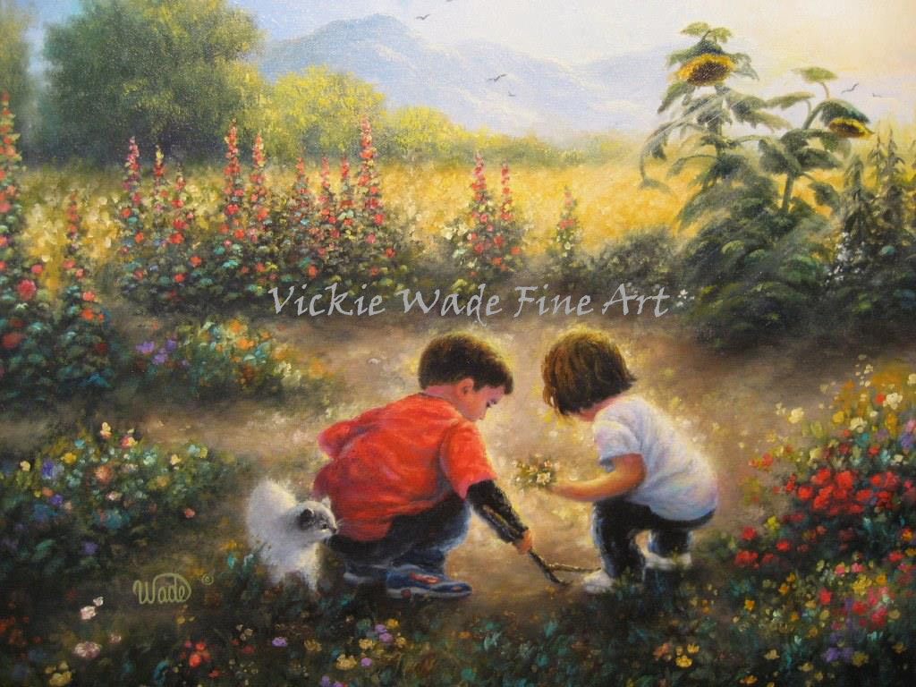 1024x768 Garden Kids Brother And Sister Oil Painting Vickie Wade Fine Art - Brother And Sister Painting