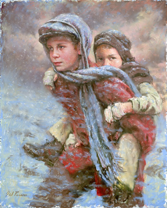 333x415 James Kirkwood Carries His Brother Over Rocky Ridge Painting By - Brothers Painting