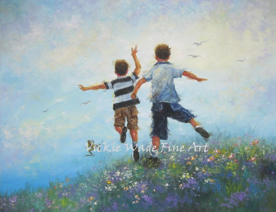 570x438 Two Brothers Original Paintingtwo Boys Leaping Painting Two - Brothers Painting