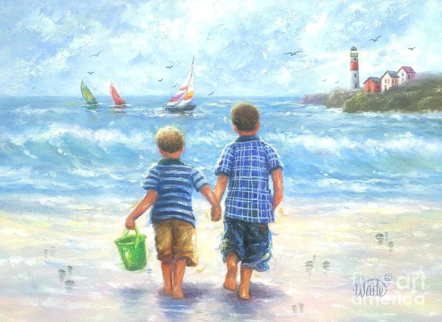 900x655 Two Brothers Painting Hand In Hand Painting Two Little Beach Boys - Brothers Painting