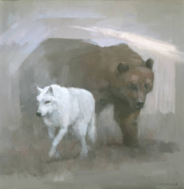 770x788 Saatchi Art White Wolf, Brown Bear Painting By Stephen Mitchell - Brown Bear Painting