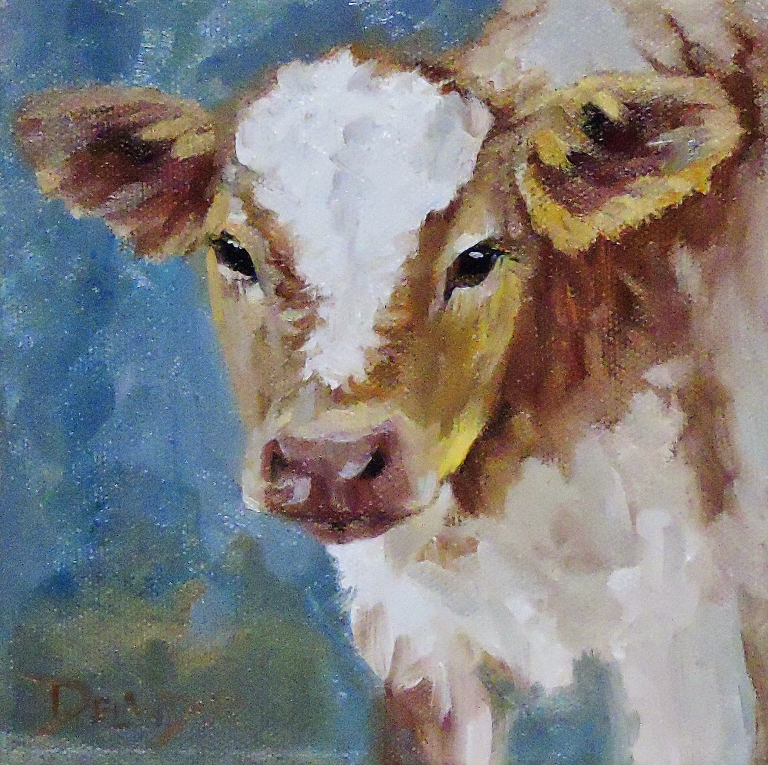 1565x1559 Little Brown Cow, Original Oil Painting By Delander Diana - Brown Cow Painting