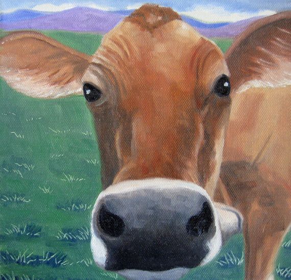 570x548 Whimsical Cow Painting Brown Cow Art Kitchen Art Barnyard Art - Brown Cow Painting