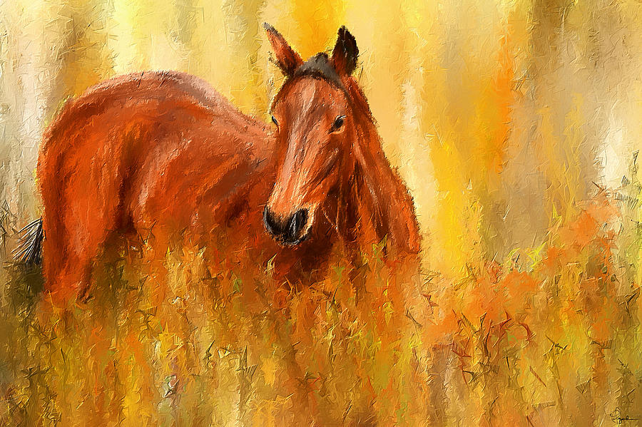 900x599 Stallion In Autumn - Brown Horse Painting