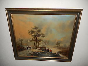 300x225 Antique Oil Painting,{ Winterlandscape With Ice Skaters, Is Signed - Bruin Painting