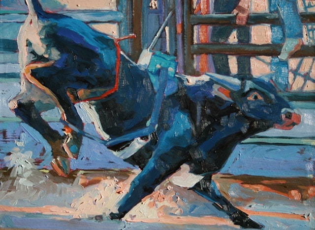 640x469 He's No Dummy - Bucking Bull Painting
