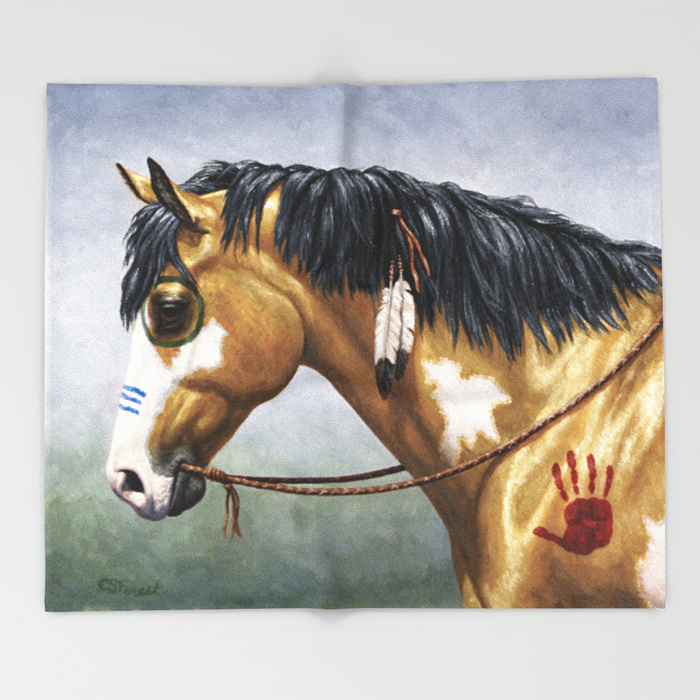 700x700 Native American Buckskin Pinto War Horse Throw Blanket By Csforest - Buckskin Horse Painting