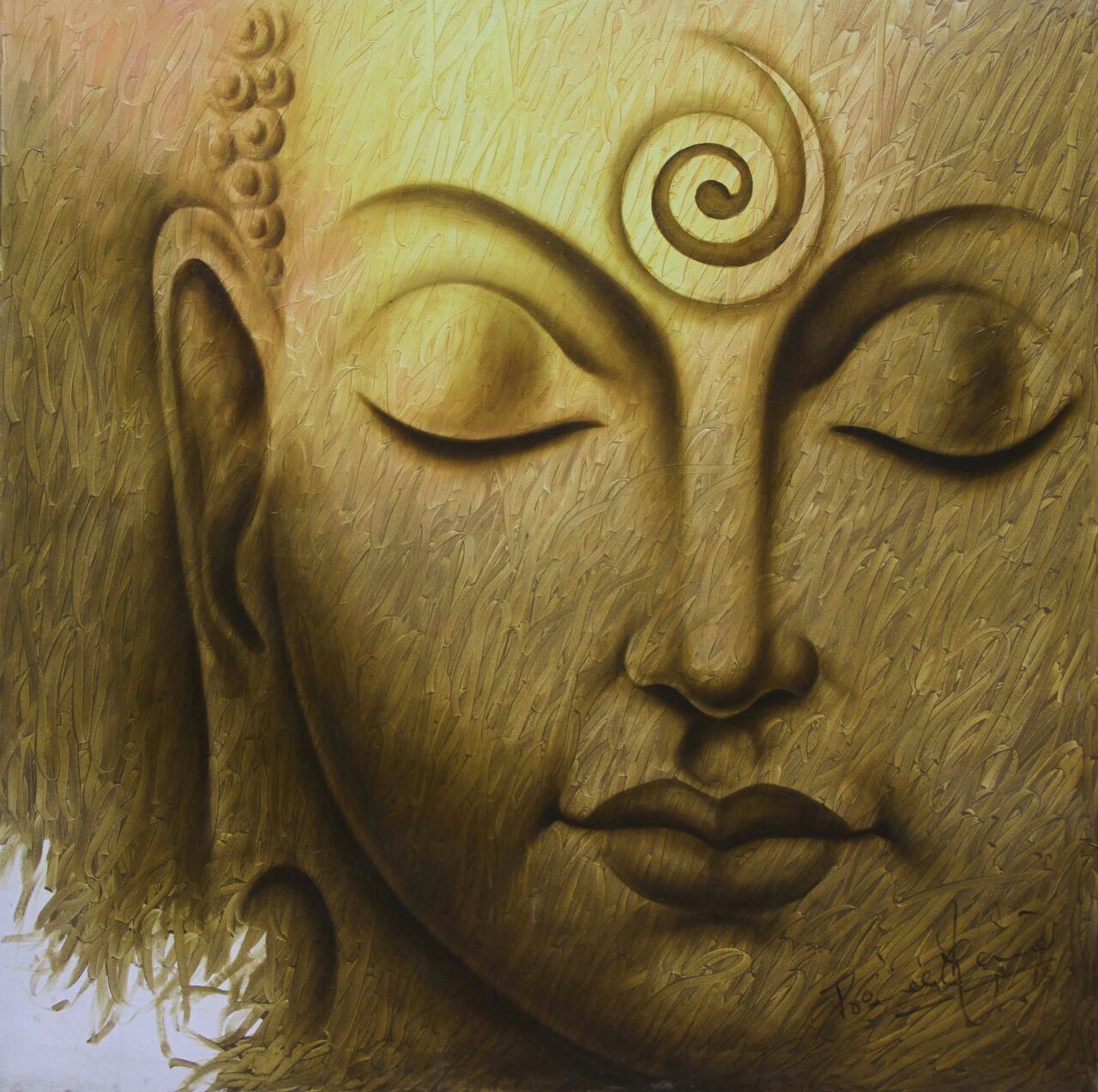 1280x1273 Prince Chand Painting Divine Light Buddha Golden Brown 48x48 - Buddha Hand Painting