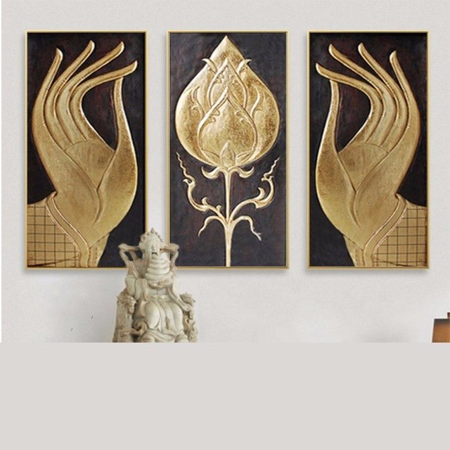 640x640 Hand Painted Buddha Hands With Lotus Flower Gold Foil Zen Oil - Buddha Hand Painting