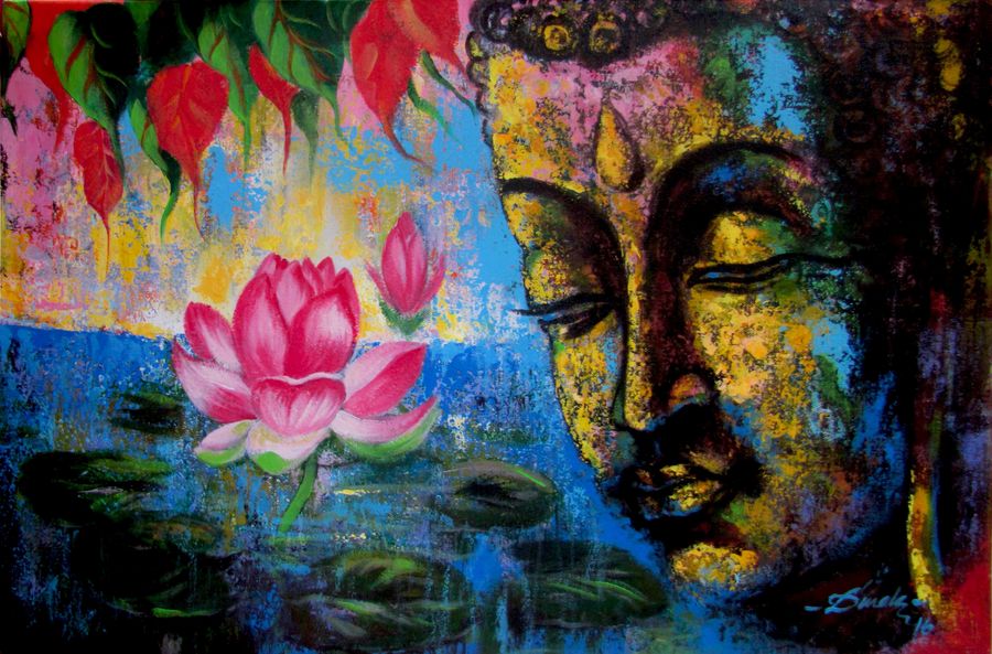 900x593 Buddha With Lotus Painting By Artist Dinak Divakaran - Buddha Lotus Painting