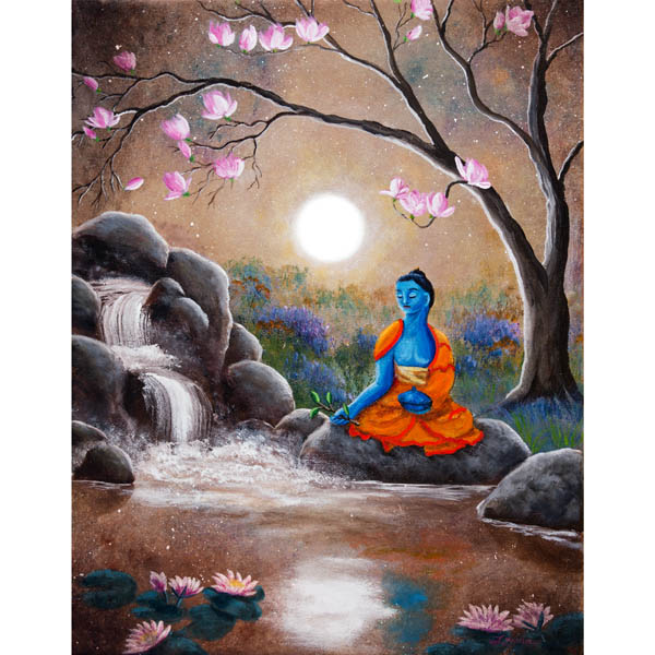 600x600 Medicine Buddha By A Waterfall Original Painting Zenbreeze Art - Buddha Watercolor Painting