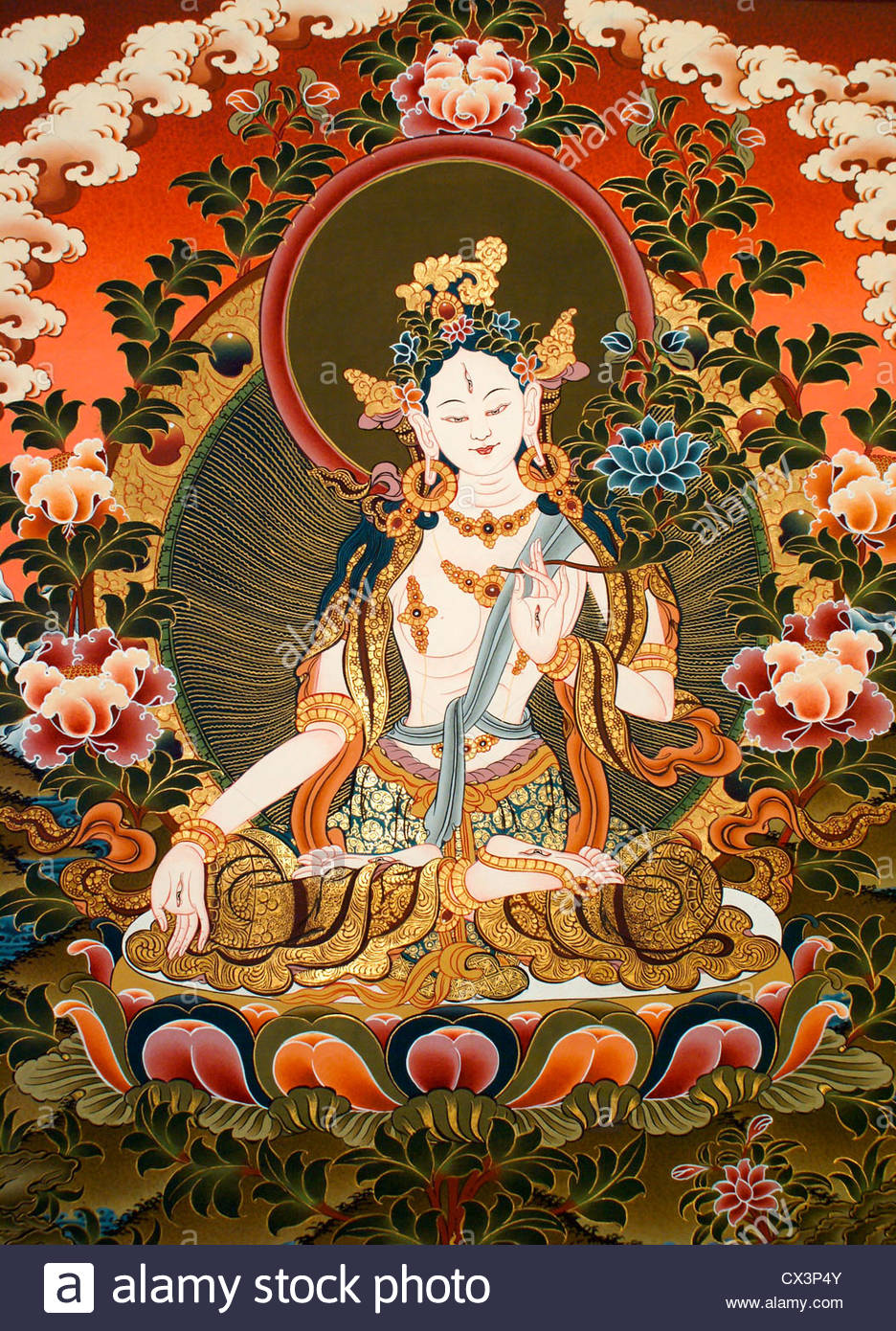 936x1390 Tibetan Buddhist Thangka Painting Of White Tara From Nepal Stock - Buddhist Painting
