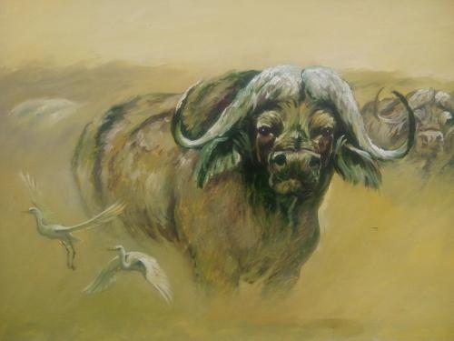 500x375 Running Wild Buffalo Oil On Canvas Painting, Canvas Chitrakari - Buffalo Canvas Painting