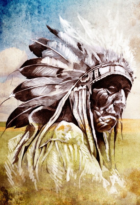 548x800 Sketch Of Tattoo Art, Indian Head Over Artistic Background Stock - Buffalo Head Painting