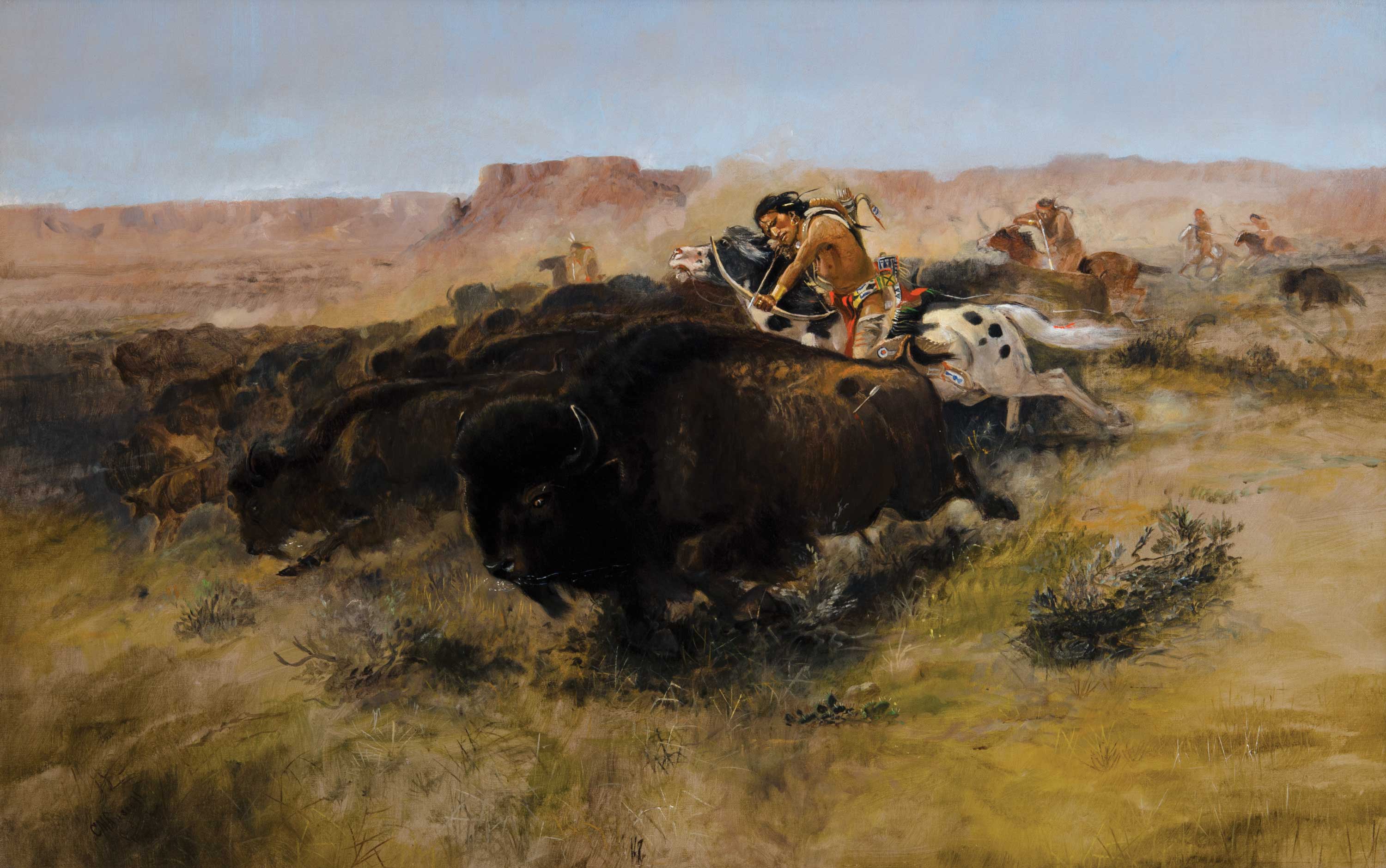 3000x1879 Buffalo Hunt Oil Painting Selected For Live Auction - Buffalo Herd Painting