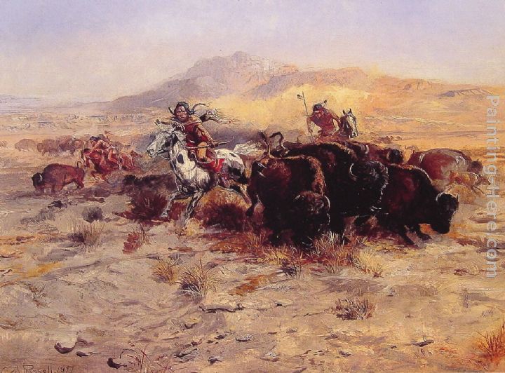 720x532 Charles Marion Russell Buffalo Hunt Painting Anysize 50% Off - Buffalo Herd Painting