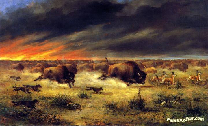 720x437 Herd Of Buffalo Fleeing From A Prairie Fire Artwork By Meyer - Buffalo Herd Painting