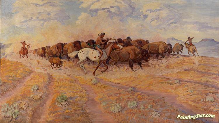 750x423 Indians Herding Buffalo Artwork By Harold Dow Bugbee Oil Painting - Buffalo Herd Painting