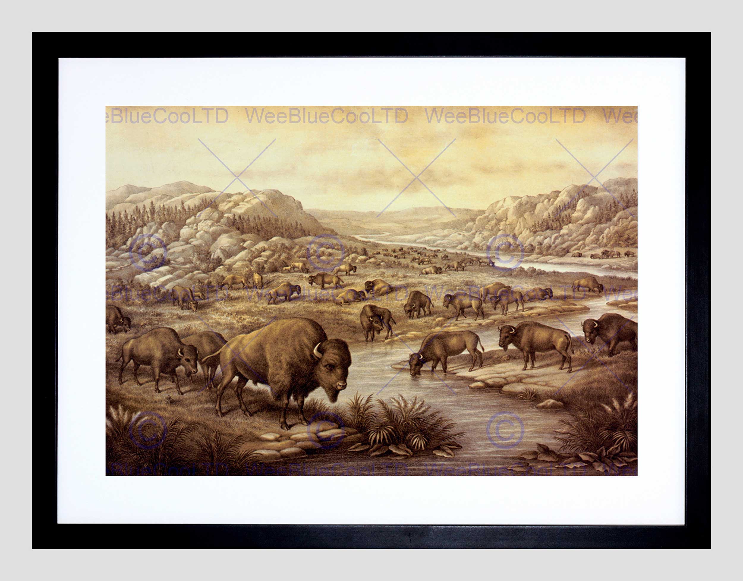2500x1956 Paintings Landscape Buffalo Herd Mountain Animal Prairie Framed - Buffalo Herd Painting
