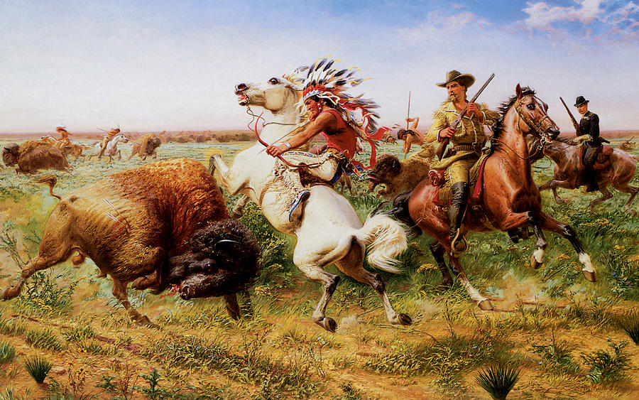 900x563 The Great Royal Buffalo Hunt Painting By Louis Maurer - Buffalo Hunt Painting