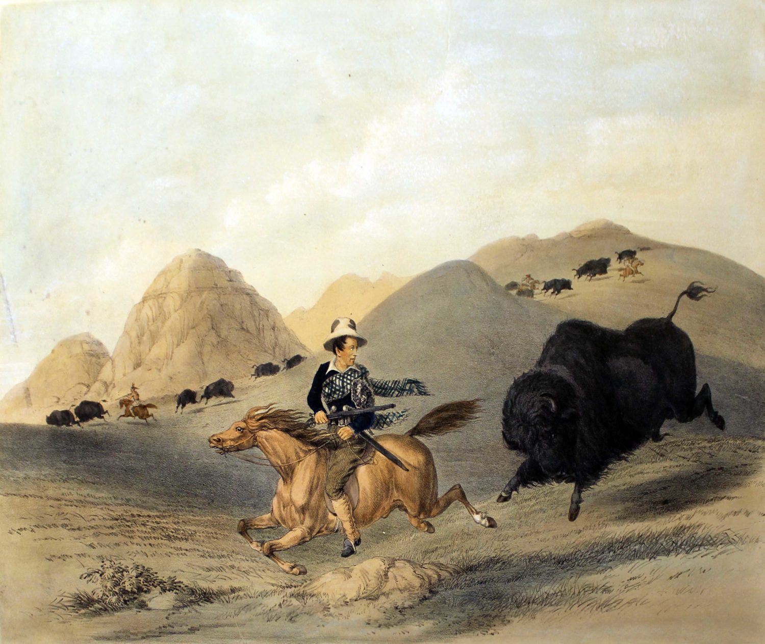 1500x1263 Buffalo Hunt Chasing Back - Buffalo Hunt Painting