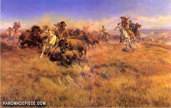 650x410 Charles Marion Russell Running Buffalo Reproduction - Buffalo Oil Painting