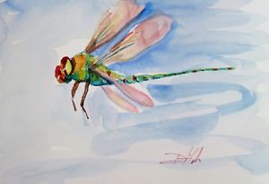 300x205 Dragonfly Bug Insect Watercolor Painting Impressionism Delilah Art - Bug Painting