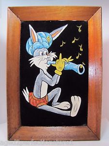 225x300 Vintage Bugs Bunny Swami Flute Oil On Velvet Painting Wood Framed - Bugs Bunny Painting
