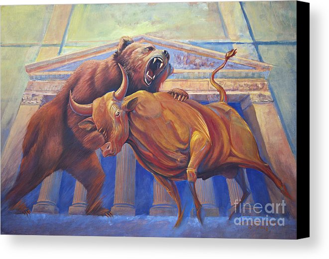 661x520 Bear Vs Bull Canvas Print Canvas Art By Rob Corsetti - Bull And Bear Painting