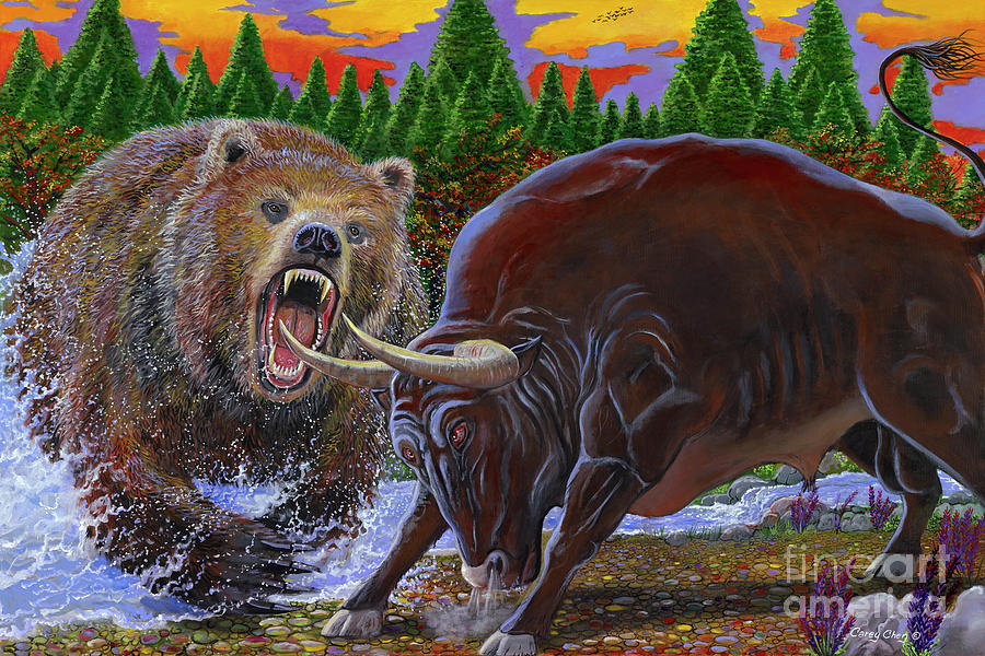 900x600 Bull And Bear Painting By Carey Chen - Bull And Bear Painting