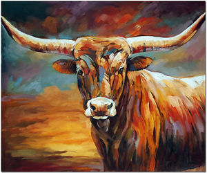 300x250 Hand Painted Texas Longhorn Oil Painting - Bull Oil Painting