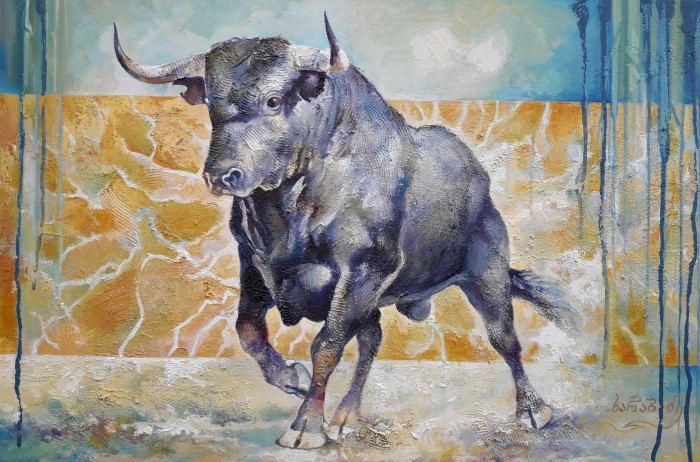 700x462 Black Bull Painting For Sale By Teimuraz Kharabadze - Bull Painting