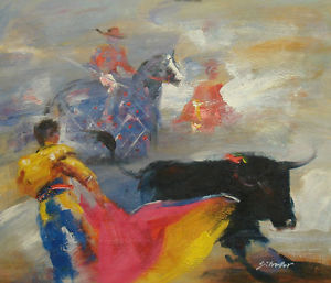 300x257 Oil Painting On Canvas Man Fighting Miura Bull Portrait 20x24 Ebay - Bull Painting On Canvas