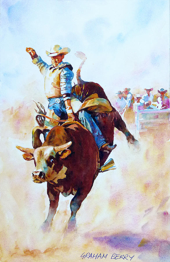 586x900 Riding The Bull Painting By Graham Berry - Bull Riding Painting