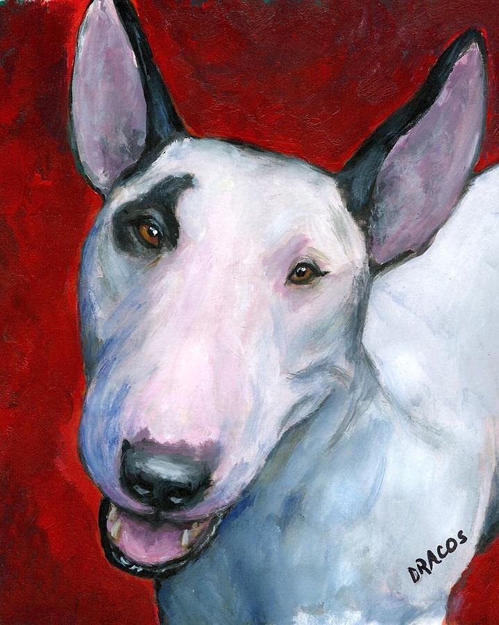 719x900 English Bull Terrier Looking Up On Red Painting By Dottie Dracos - Bull Terrier Painting