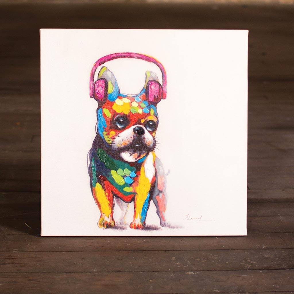 1024x1024 French Bulldog With Pink Headphones ~ Oil Painting - Bulldog Oil Painting