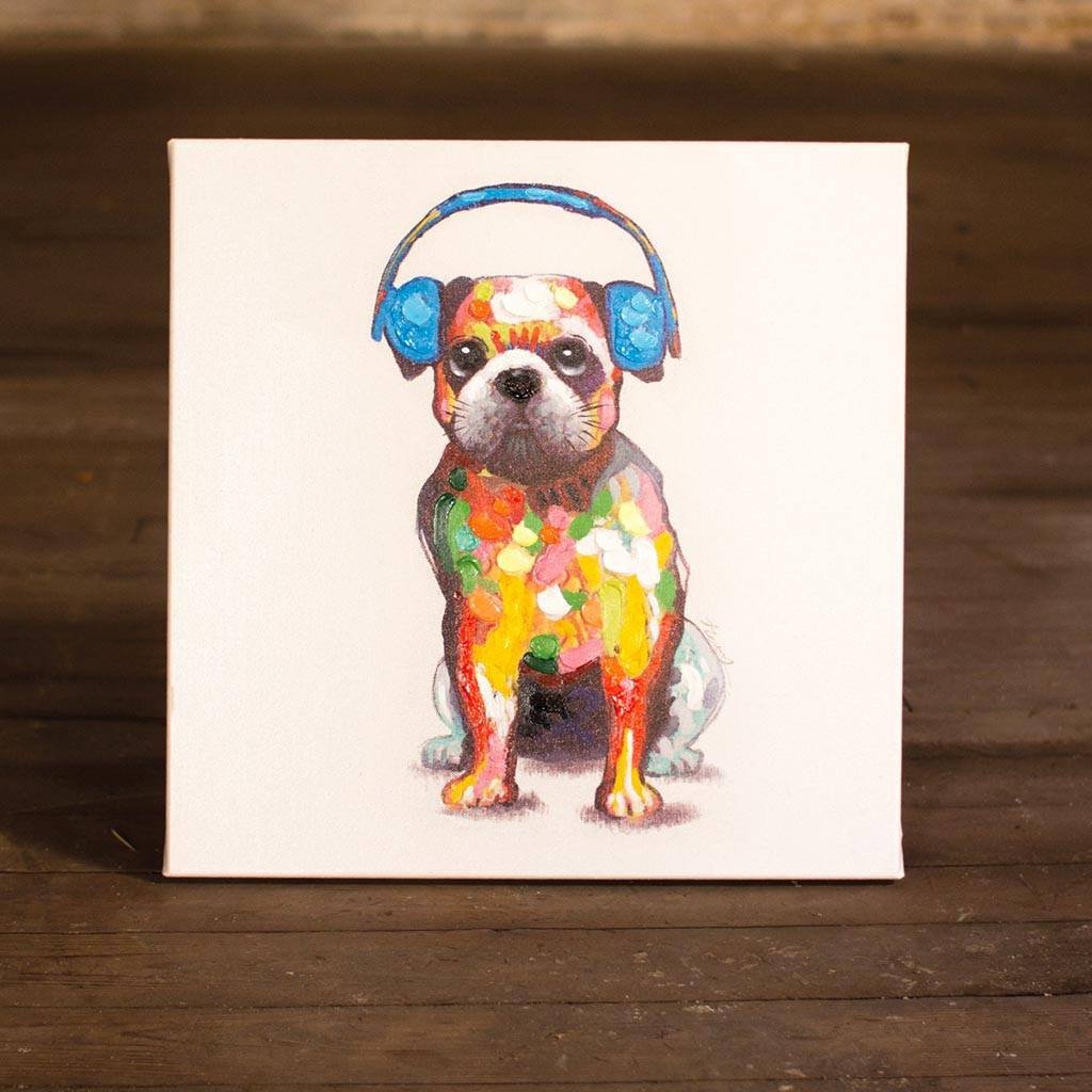 1024x1024 Bulldog With Blue Headphones ~ Oil Painting - Bulldog Oil Painting